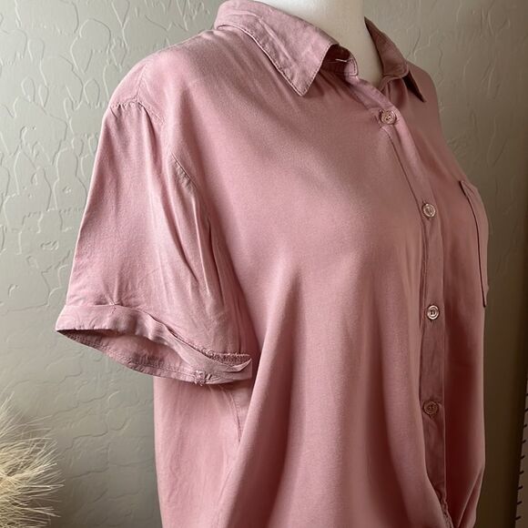 Pink Republic pink cuffed short sleeve button front top ties @ waist pocket SZ L - Picture 5 of 10